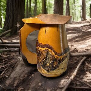 Rustic Carved Wooden Beer Stein Mountain Man’s  8” Lidded Mug EUC